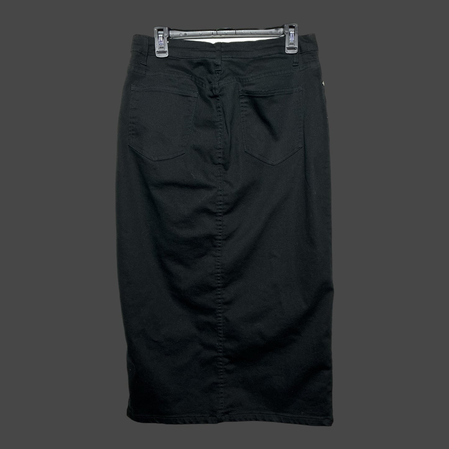 But I Wish It Was Black high waisted black denim midi skirt with a pencil silhouette and back pocket detail