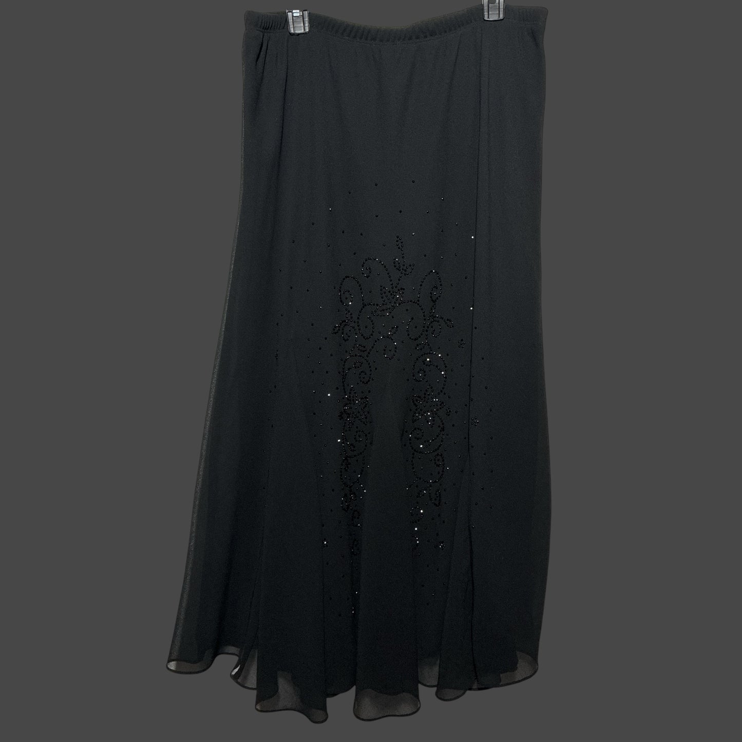 But I Wish It Was Black flowing black chiffon midi skirt with intricate tonal beadwork and sequin embellishments.