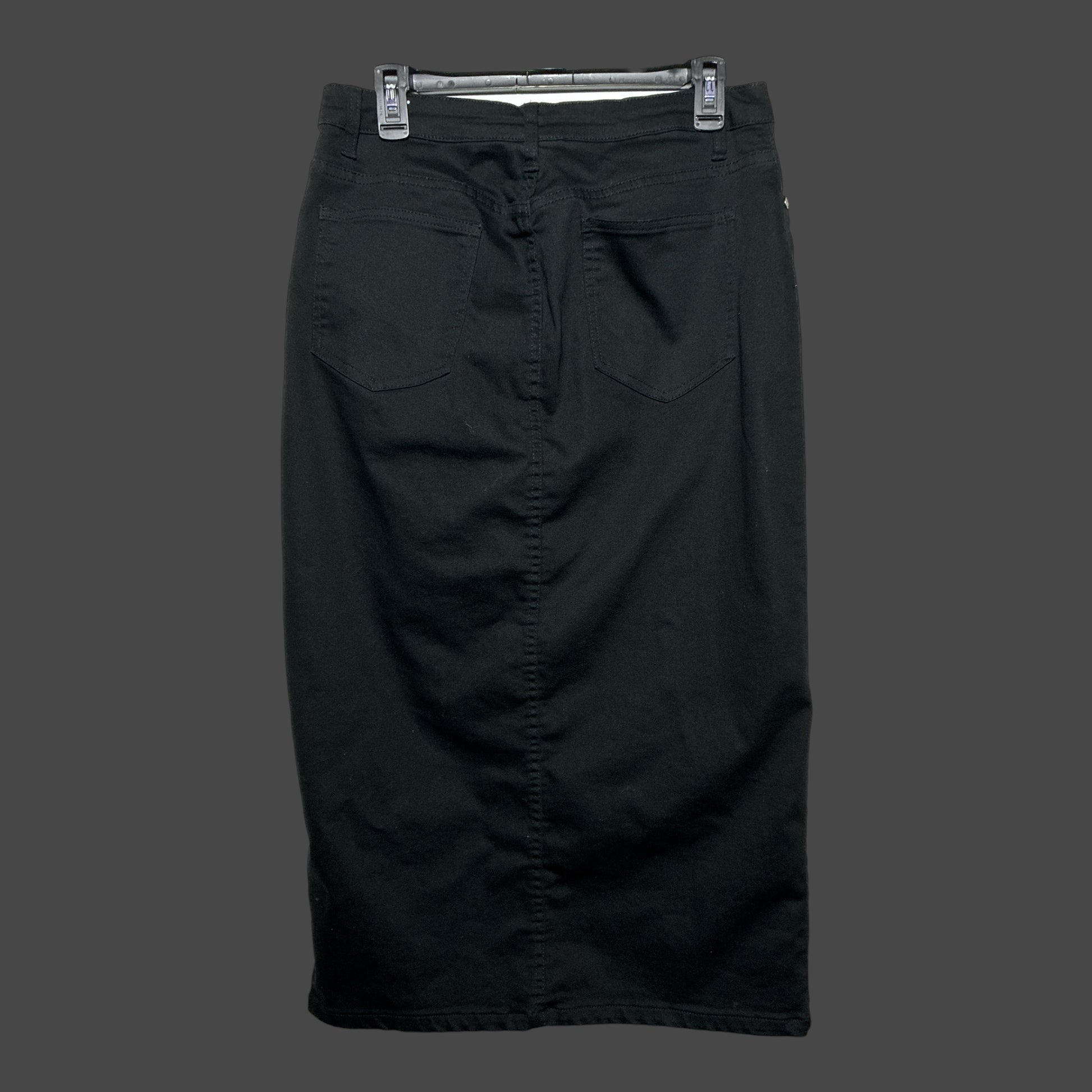 But I Wish It Was Black high waisted black denim midi skirt with a pencil silhouette and back pocket detail
