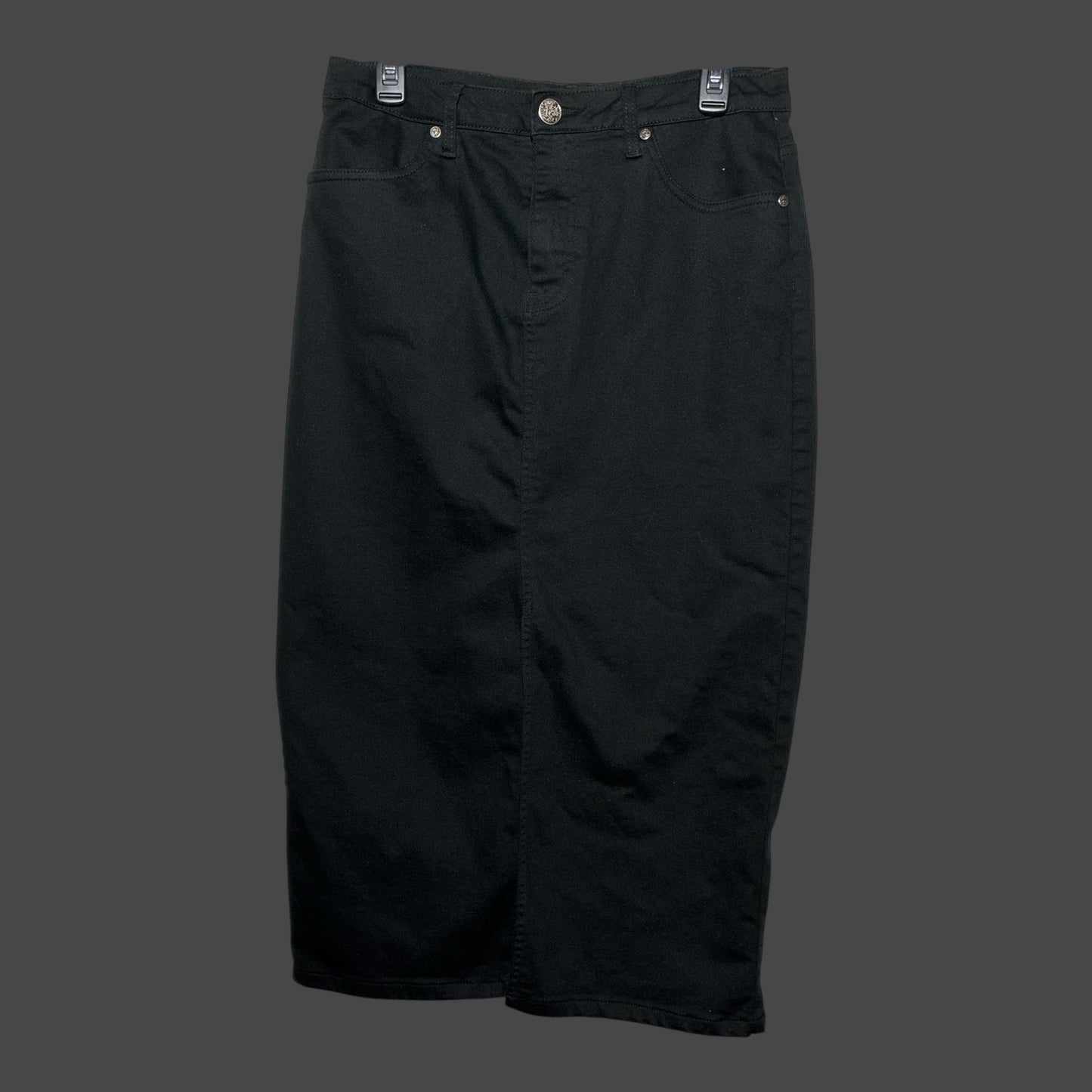 But I Wish It Was Black high waisted black denim midi skirt with a pencil silhouette and five-pocket design.