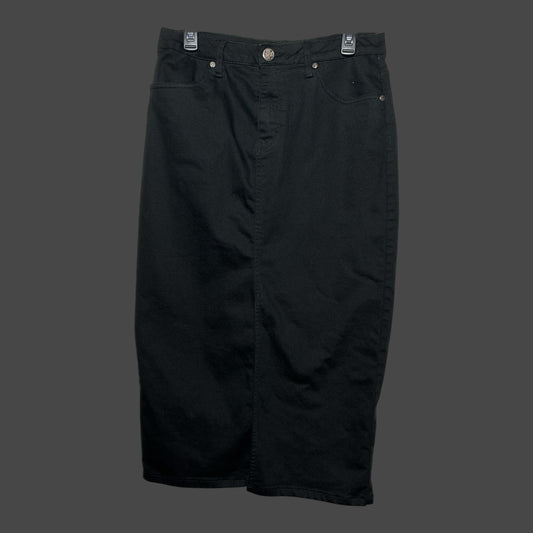 But I Wish It Was Black high waisted black denim midi skirt with a pencil silhouette and five-pocket design.