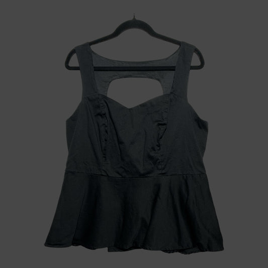 But I Wish It Was Black sleeveless black peplum top with sweetheart neckline and back cutout detail on a hanger