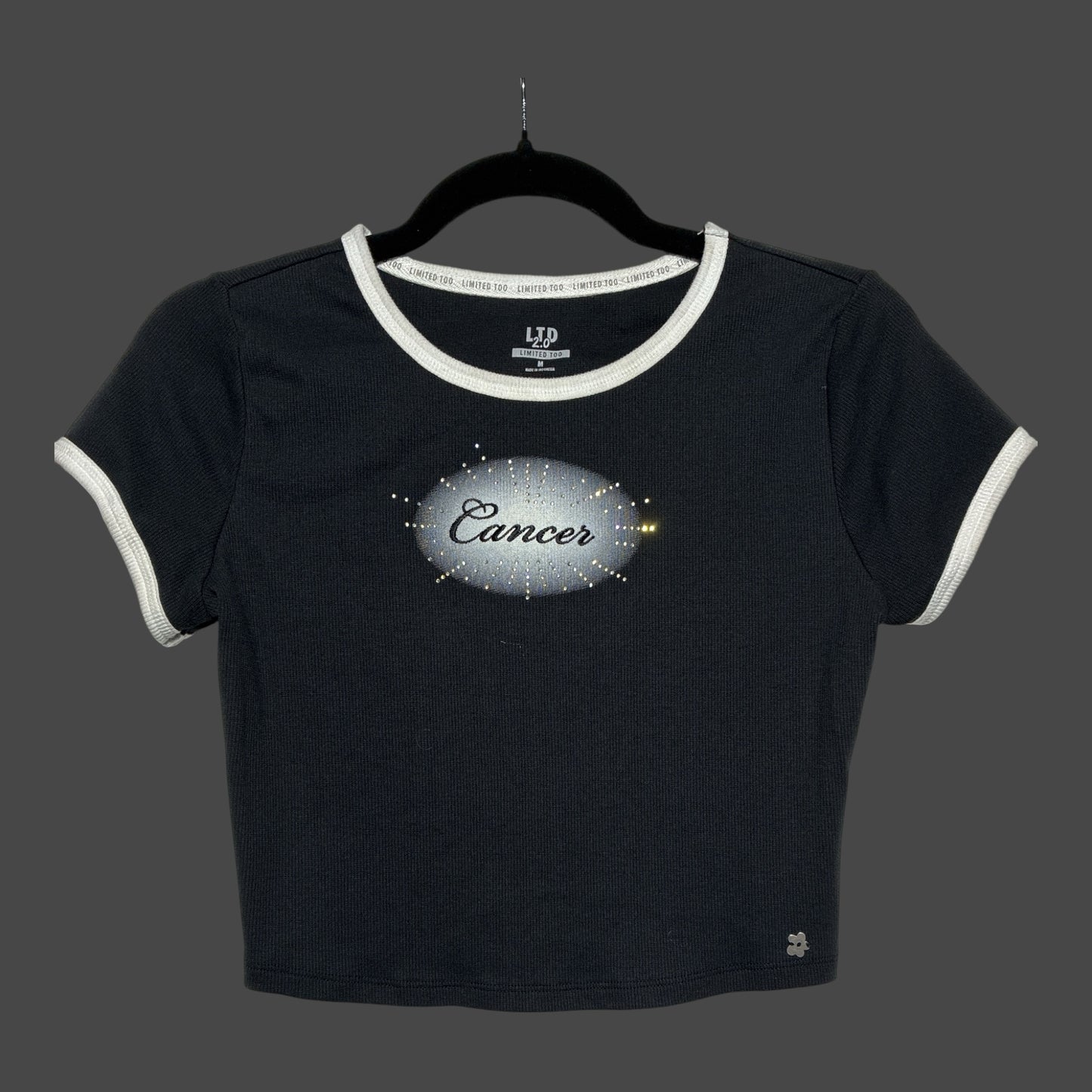 But I Wish It Was Black Cancer zodiac ringer crop top in black ribbed fabric with white trim and celestial graphic