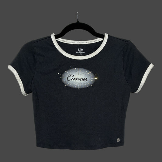 But I Wish It Was Black Cancer zodiac ringer crop top in black ribbed fabric with white trim and celestial graphic