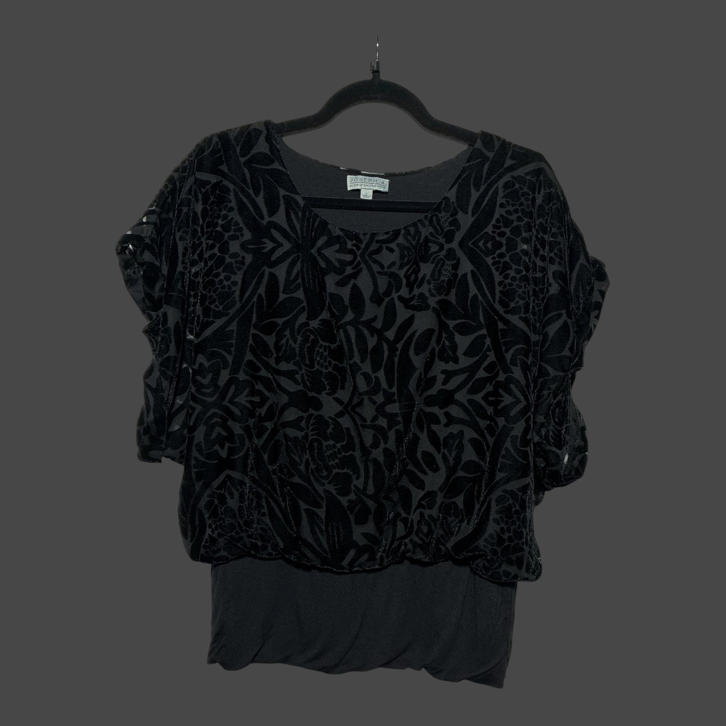 But I Wish It Was Black Joseph A. black velvet burnout blouse with a textured floral pattern and short sleeves.