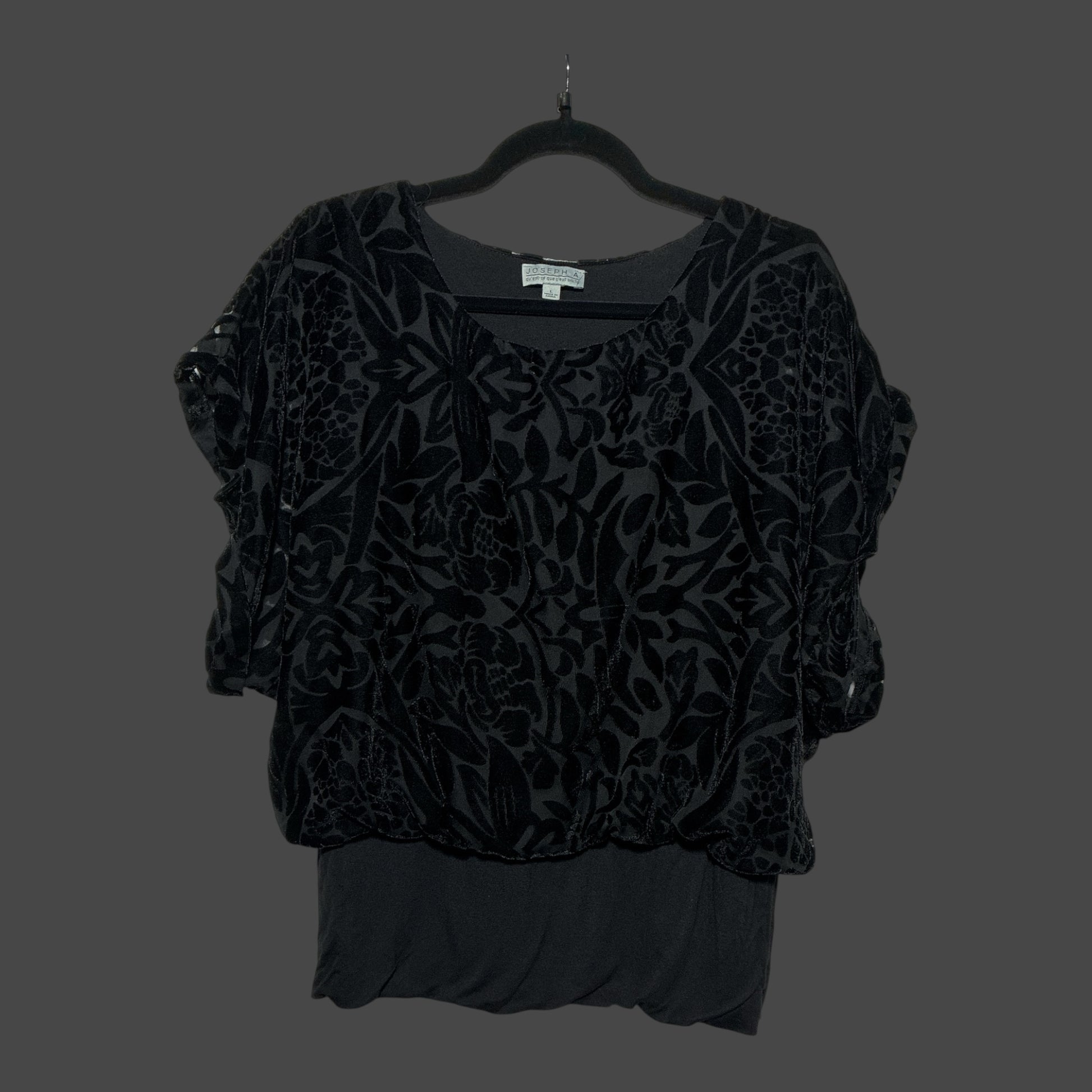 But I Wish It Was Black Joseph A. black velvet burnout blouse with a textured floral pattern and short sleeves.