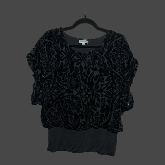 But I Wish It Was Black Joseph A. black velvet burnout blouse with a textured floral pattern and short sleeves.