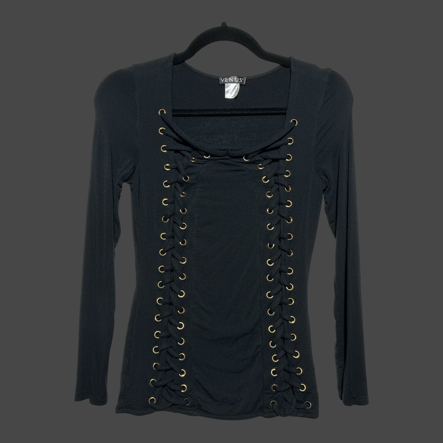 But I Wish It Was Black long sleeve top in black with a corset-style lace-up front and gold-tone grommet details.