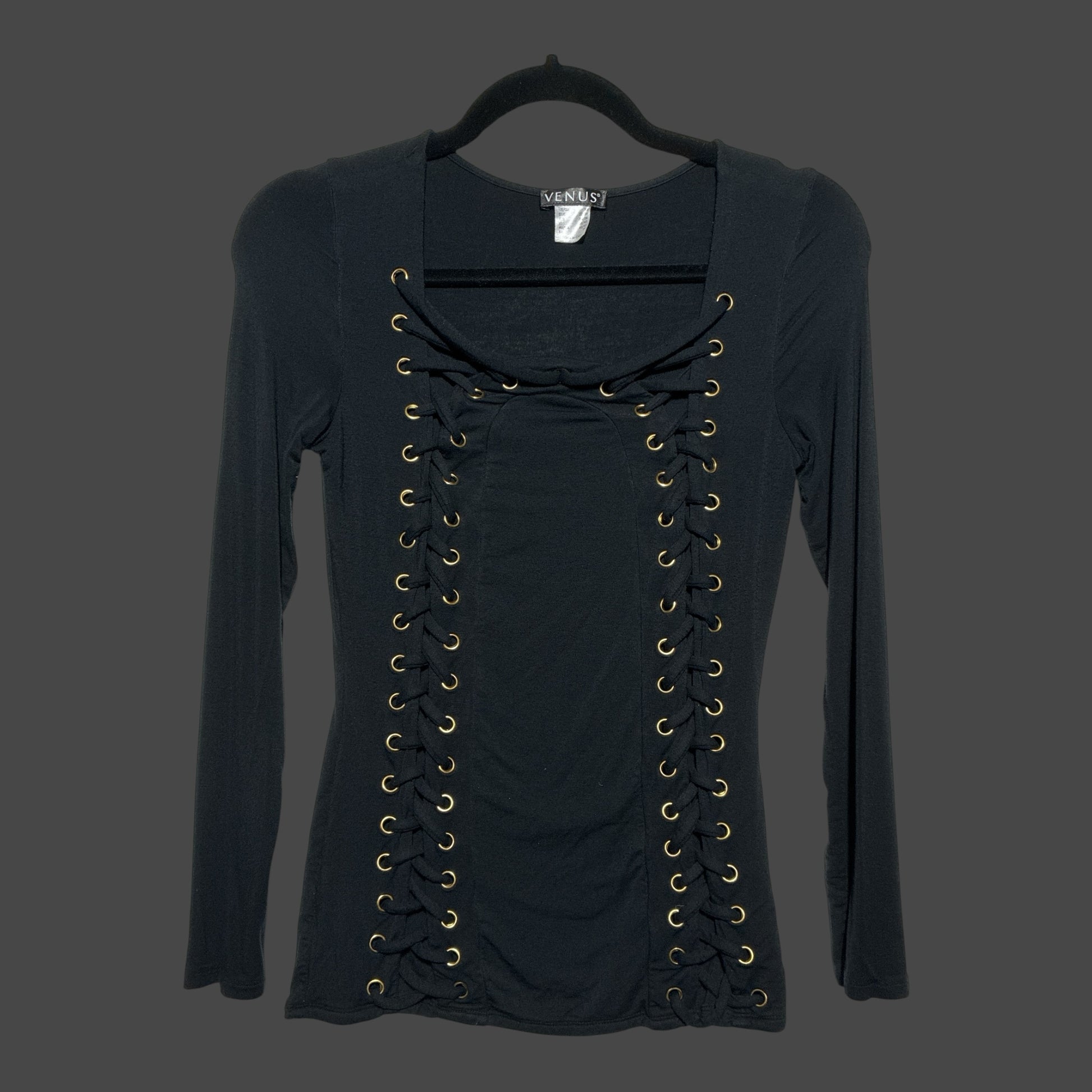 But I Wish It Was Black long sleeve top in black with a corset-style lace-up front and gold-tone grommet details.