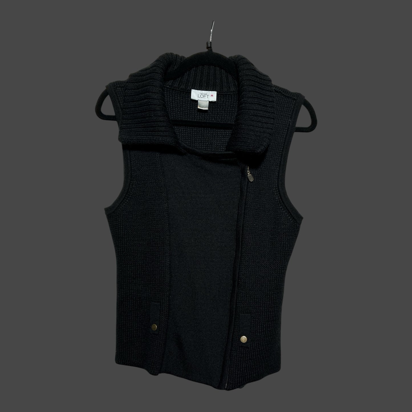 But I Wish It Was Black LOFT sleeveless black knit vest with an oversized collar and asymmetrical zipper closure.