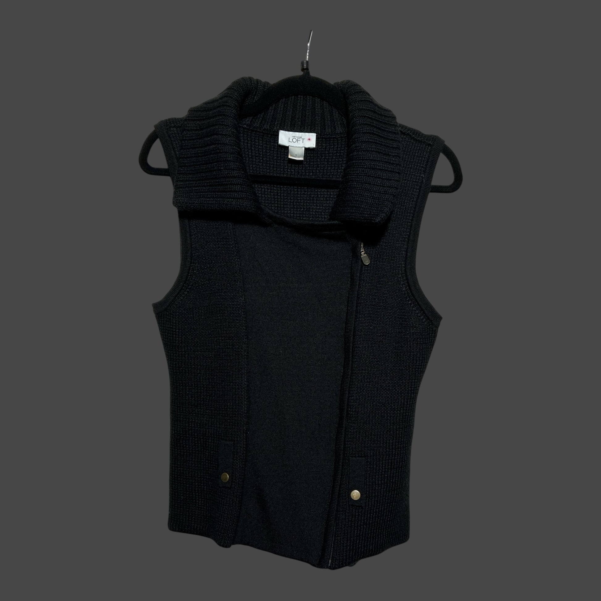 But I Wish It Was Black LOFT sleeveless black knit vest with an oversized collar and asymmetrical zipper closure.