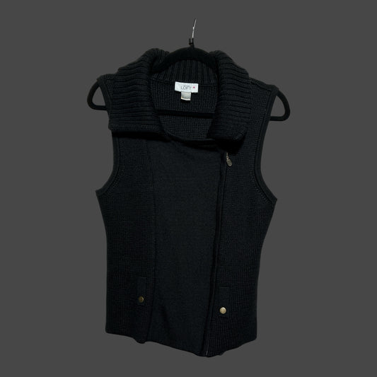 But I Wish It Was Black LOFT sleeveless black knit vest with an oversized collar and asymmetrical zipper closure.