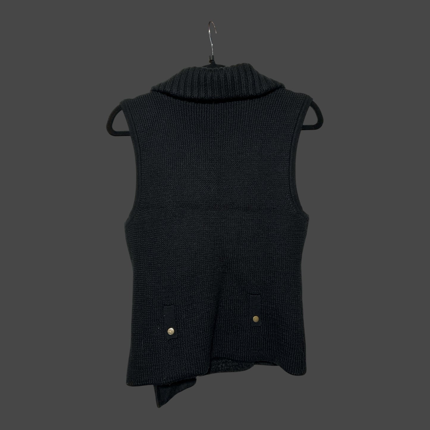 But I Wish It Was Black LOFT sleeveless black knit vest with a fold-over collar and gold-tone pocket hardware