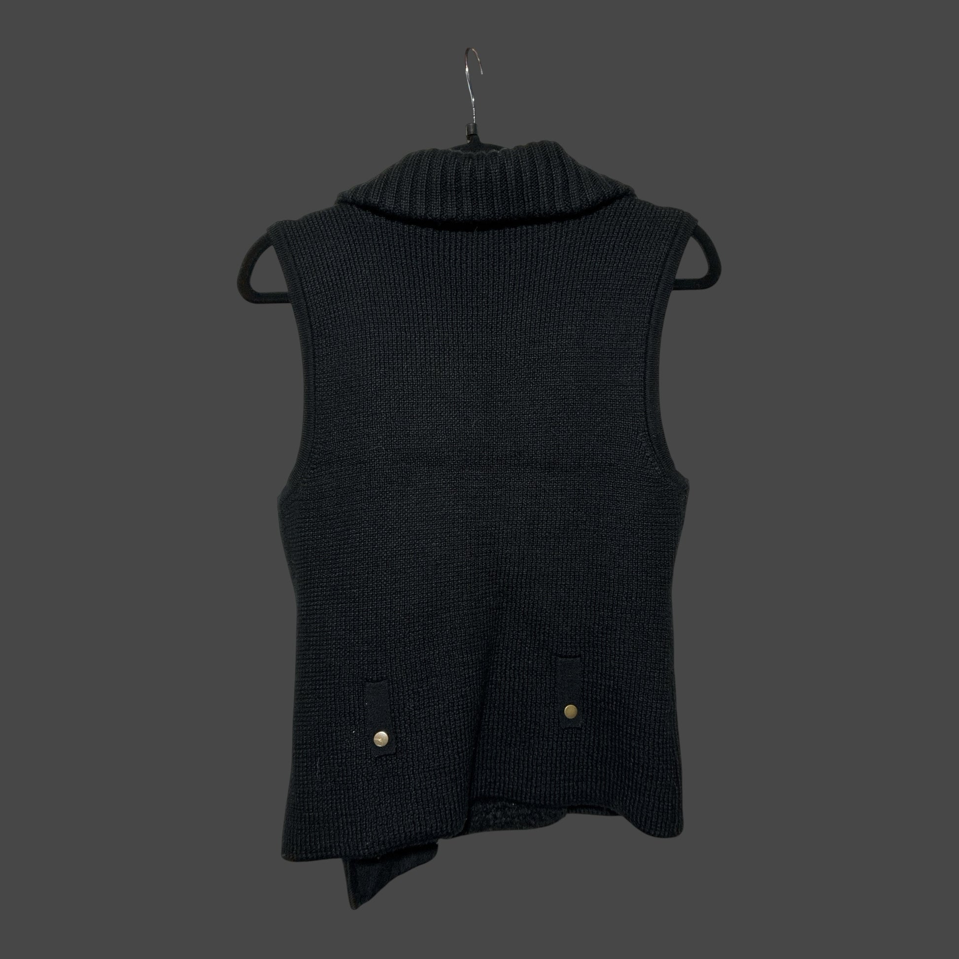 But I Wish It Was Black LOFT sleeveless black knit vest with a fold-over collar and gold-tone pocket hardware