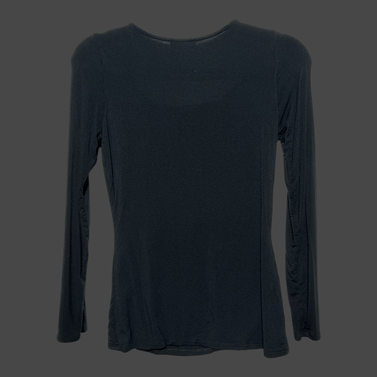 Back view of a But I Wish It Was Black long-sleeve black top in soft, stretchy fabric with a simple scoop neckline.