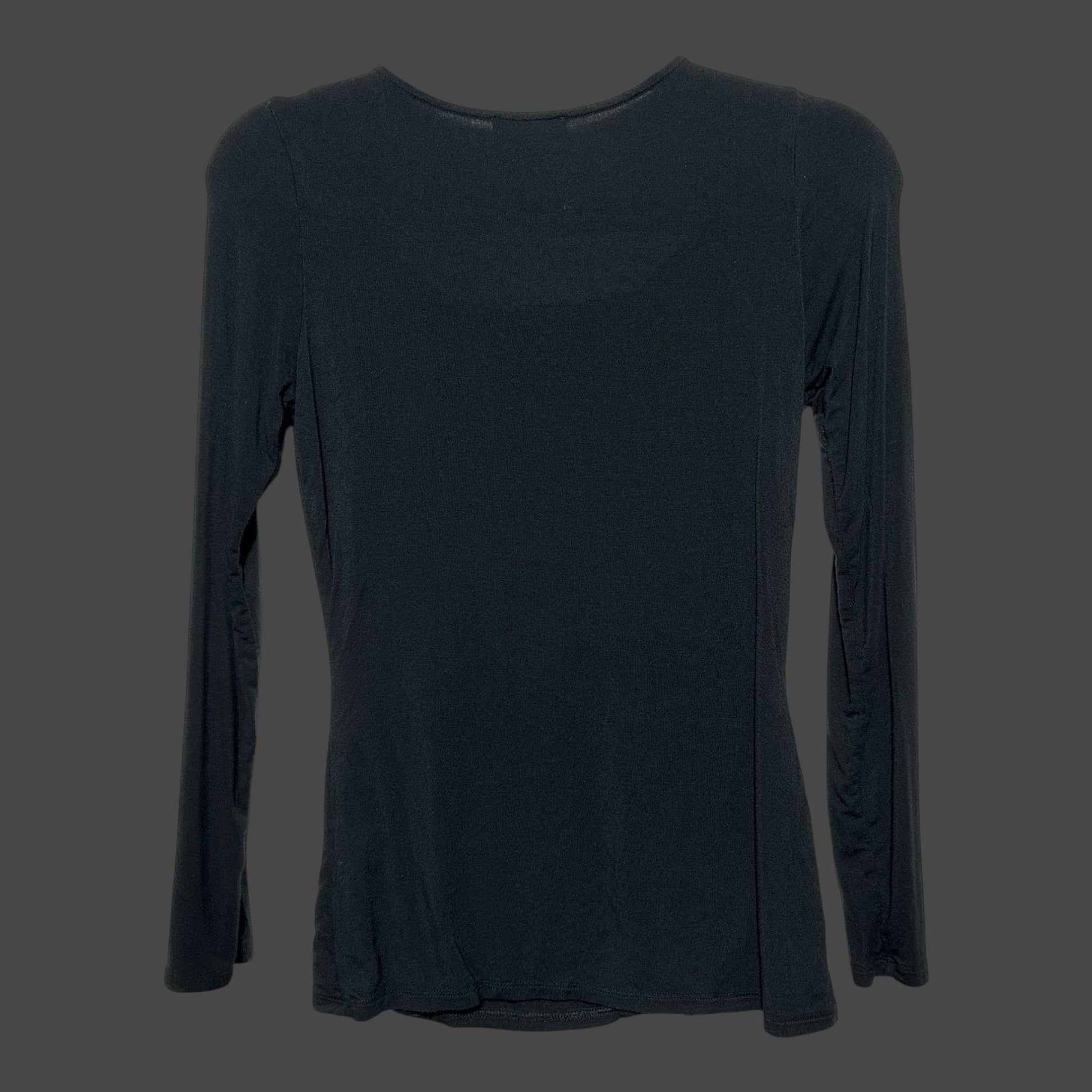 Back view of a But I Wish It Was Black long-sleeve black top in soft, stretchy fabric with a simple scoop neckline.
