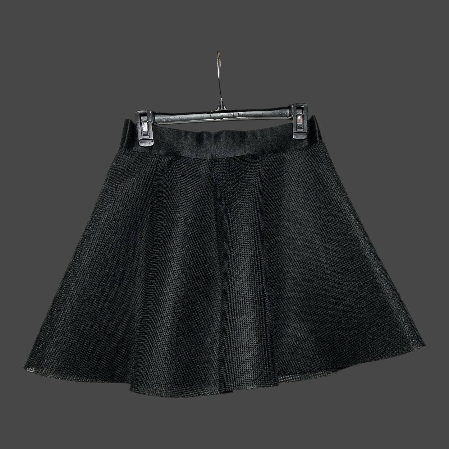 But I Wish It Was Black textured black mesh A-line mini skater skirt with a smooth waistband on a hanger