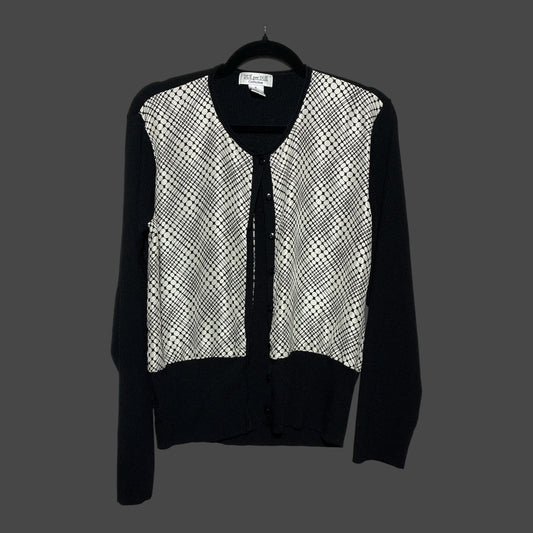 But I Wish It Was Black knit cardigan with black sleeves and a white and black geometric dot pattern front panel