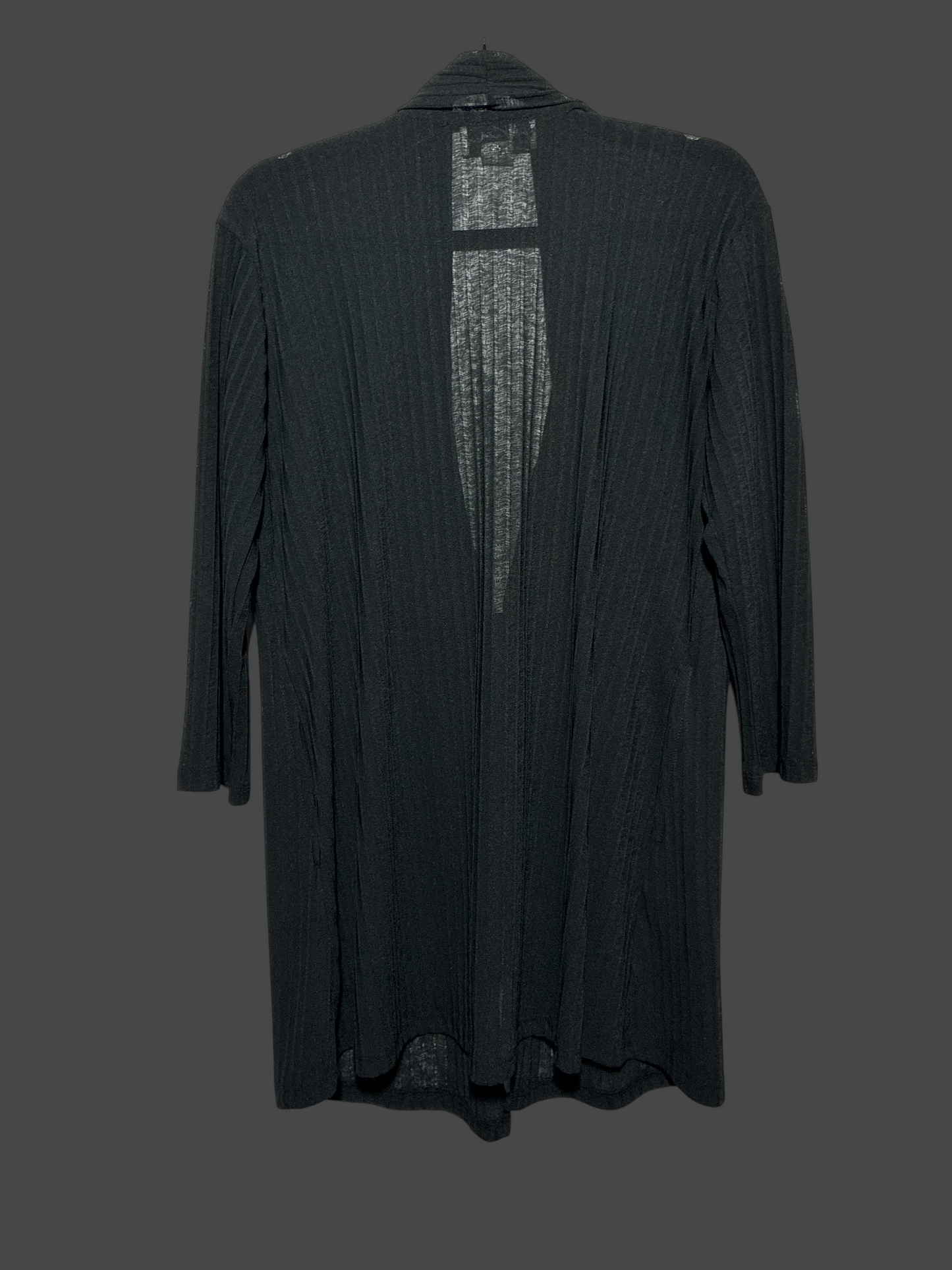 But I Wish It Was Black lightweight black ribbed open-front cardigan with three-quarter sleeves on a hanger