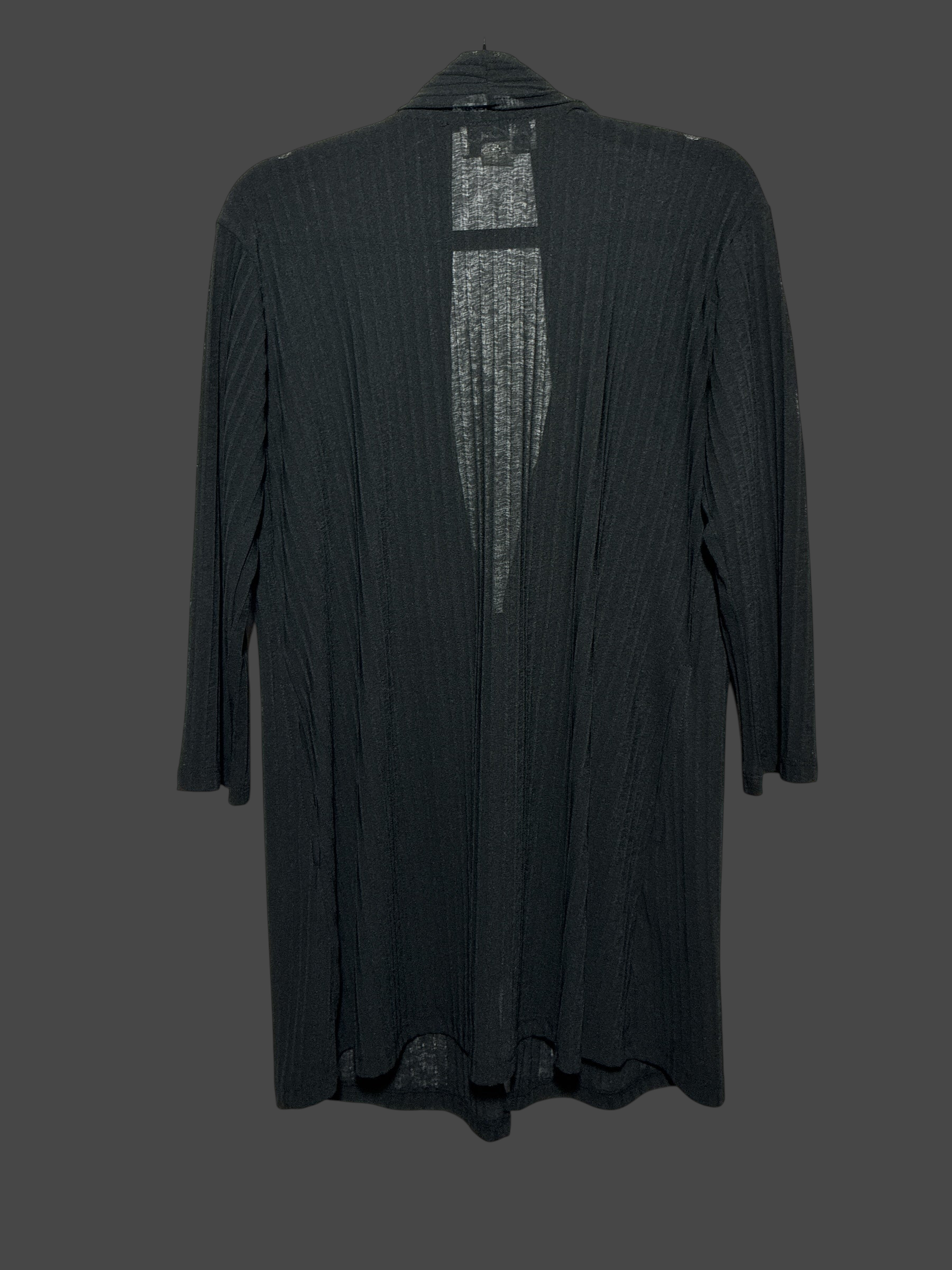 But I Wish It Was Black lightweight black ribbed open-front cardigan with three-quarter sleeves on a hanger