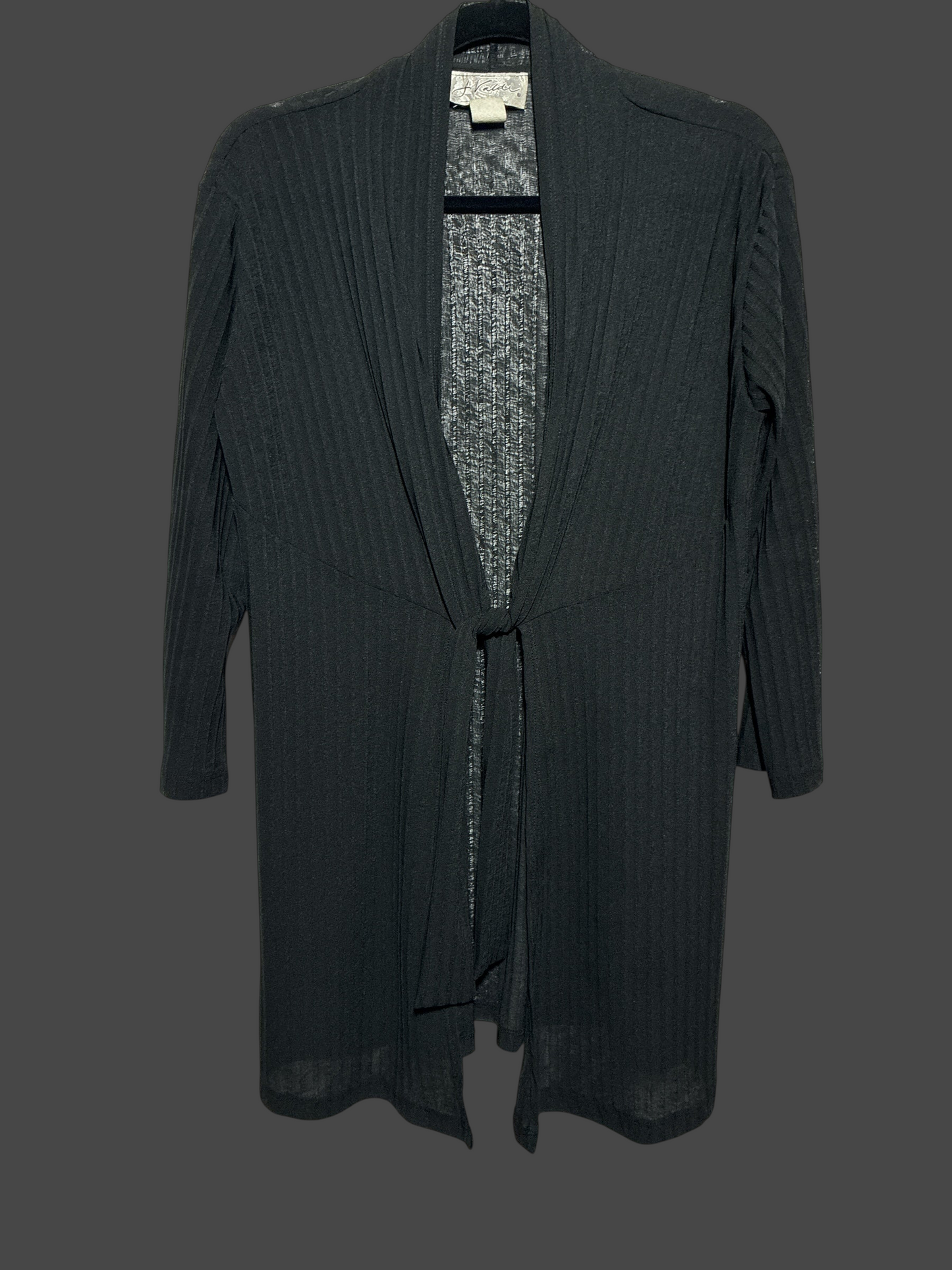 But I Wish It Was Black lightweight black ribbed open-front cardigan with three-quarter sleeves and a tie-front detail.