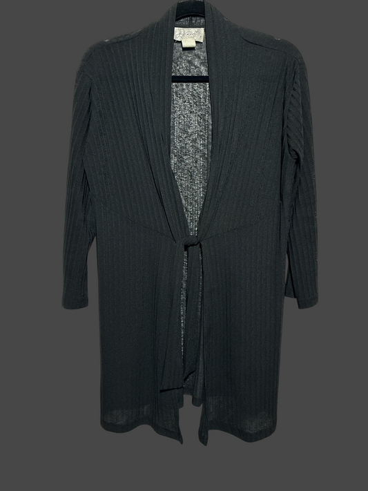 But I Wish It Was Black lightweight black ribbed open-front cardigan with three-quarter sleeves and a tie-front detail.