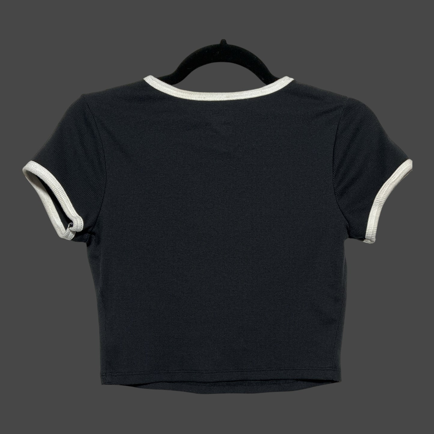 But I Wish It Was Black ribbed crop top in black with contrasting white ringer crew neckline and sleeve cuffs