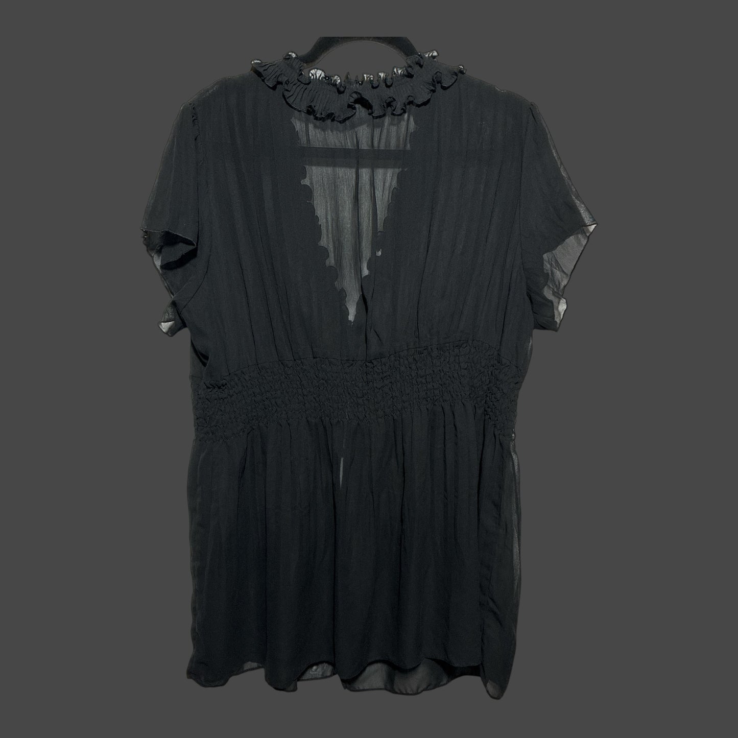 But I Wish It Was Black sheer black chiffon blouse with ruffle V-neck, flutter sleeves, and smocked elastic waist.