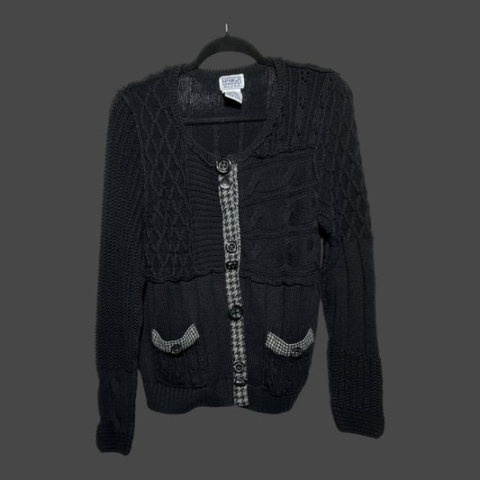But I Wish It Was Black textured black knit cardigan with houndstooth trim, button front, and two front pockets.